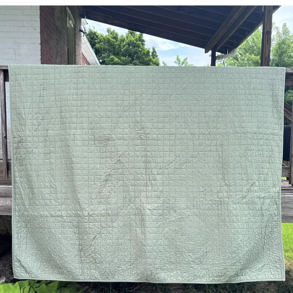 Sonoma Quilted Sage Green Quilt Full/Queen Linen Cotton Square Stitch Bedspread
